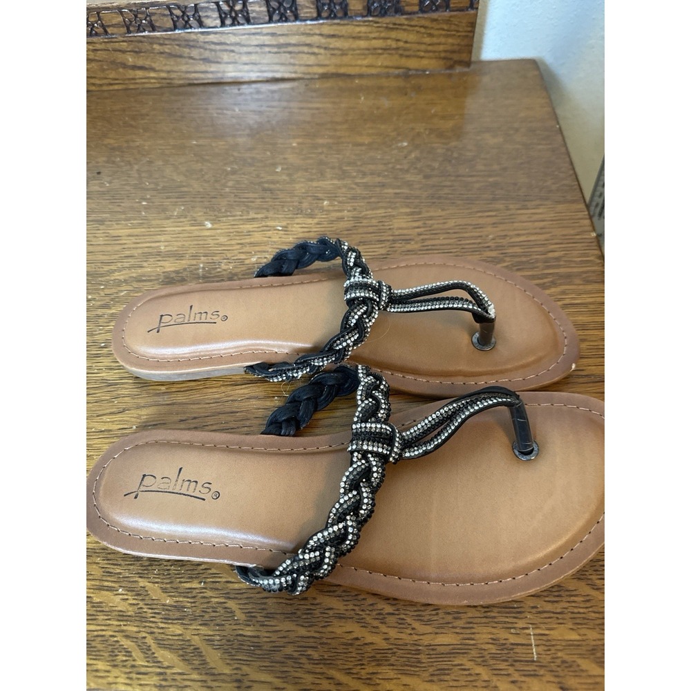 Palms Rhinestone Braided Sandals Black Thong Flip Flops Size 10M